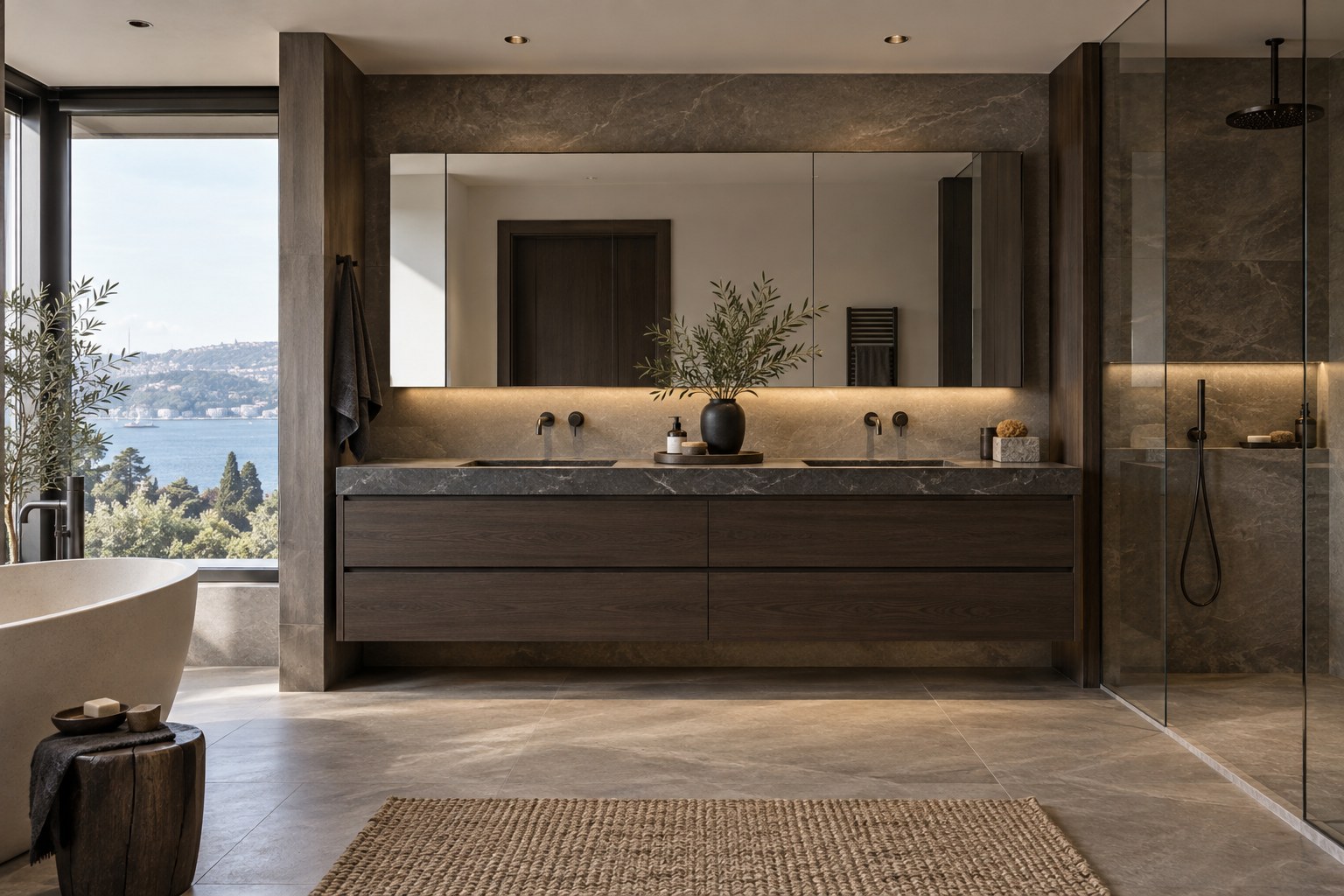 Banyo: Koyu dokular tasarım örneği