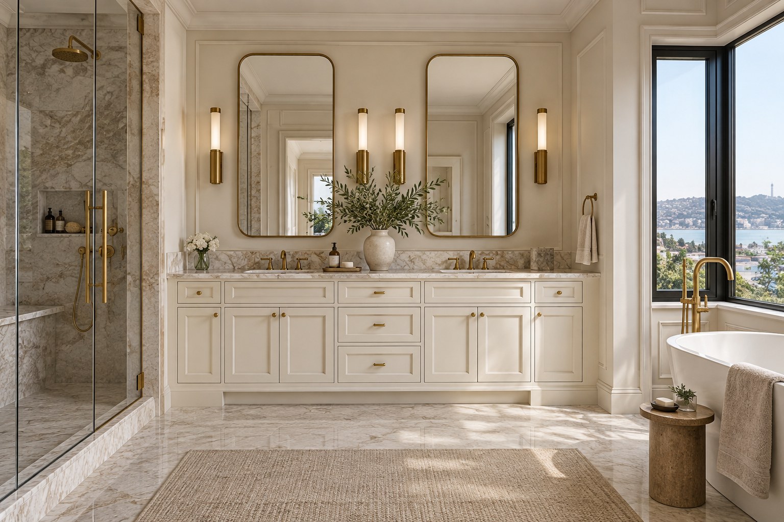 Açık renk dolaplı banyo tasarımı